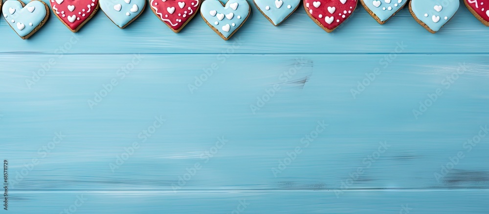 Aufkleber decorative heart shaped cookies on a blue wooden table for valentine s day copy space image place fo