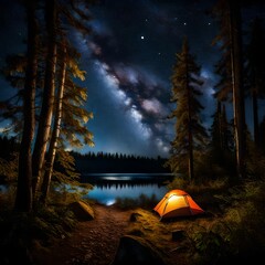 "Enchanted Wilderness: Forest Camping by the Water Under the Night Sky"