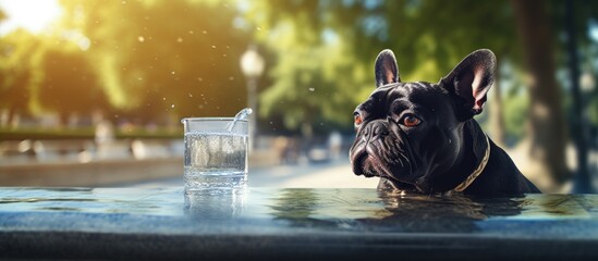 A black dog drinks water from a drinker in the park during summer Copy space image Place for adding text or design