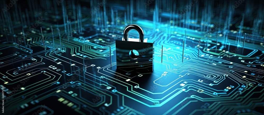 Poster Cybersecurity technology on circuit board for business background Copy space image Place for adding text or design
