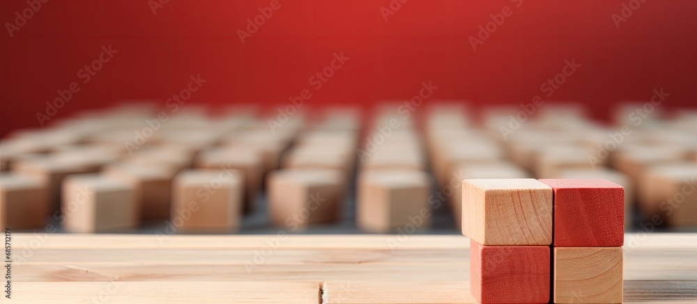 Poster Closeup of a unique red wooden cube among blocks Copy space image Place for adding text or design