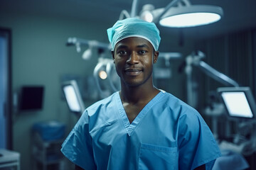 Professional emergency worker doctor medic wearing sterile uniform before operation Generative AI - obrazy, fototapety, plakaty