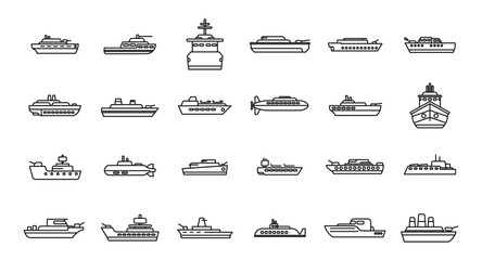 Warship icons set outline vector. Aircraft carrier. Military war boat