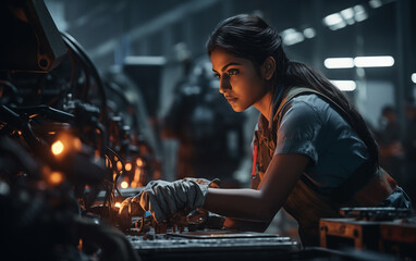 Fototapeta na wymiar Female Indian Worker Operating High-Tech Machinery
