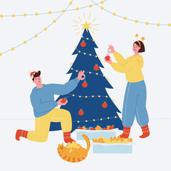Family decorating Christmas tree. Happy young couple preparing for winter holidays. Flat vector illustration