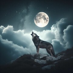 wolf howling at the moon - obrazy, fototapety, plakaty