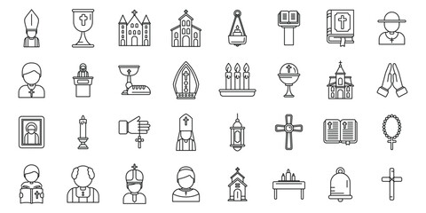 Chaplain icons set outline vector. Muslim ramadan namaz. Pray arab - obrazy, fototapety, plakaty