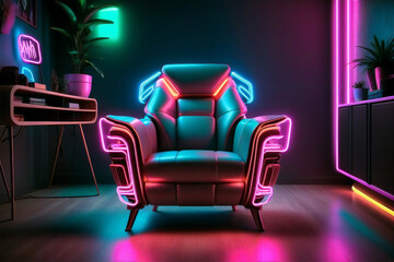 Futuristic cyberpunk chair adorned with neon pink lights, blending technology and style for a chic and contemporary living space.
