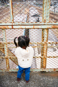 太宰治が愛した東京・三鷹の「三鷹跨線人道橋（跨線橋）」から電車を眺める鉄道ファンの女の子