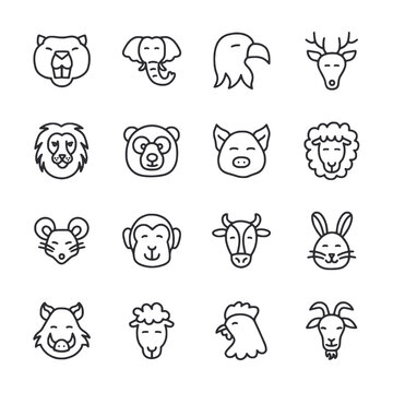 Set of Funny animal face icon for web app simple line design