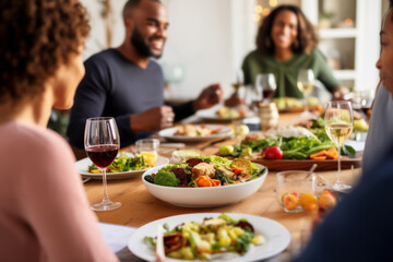 A group of friends enjoy each other's company with a meal together at home, sharing moments of joy and fun. - obrazy, fototapety, plakaty