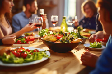 A group of middle-aged friends around a table enjoying a healthy dinner together at home. - obrazy, fototapety, plakaty