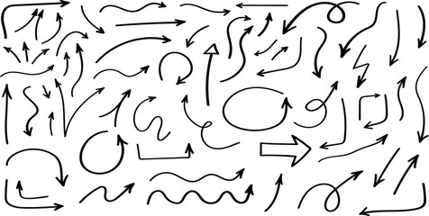 Set of black grunge hand drawn arrows isolated on white. Vector illustration
