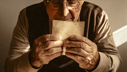 A nostalgic old man reminiscing while looking an old photograph.Extreme closeup of a wrinkled hand of elderly man holding a cherished memory of the past. - obrazy, fototapety, plakaty