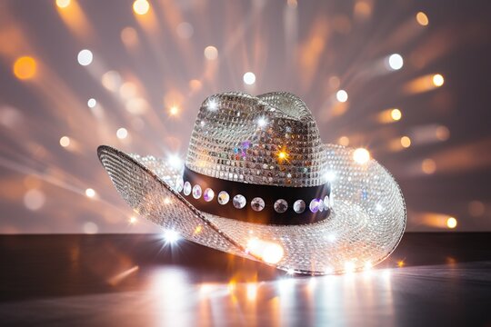 Professional photography of a discoball wearing a cowboy hat, white background, sparkling light