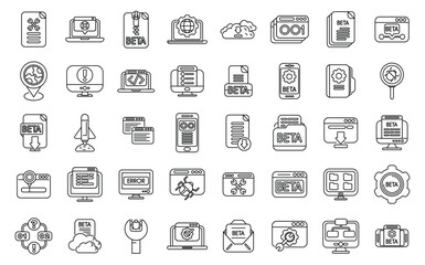 Beta version icons set outline vector. Build code bug. Coding app tester - obrazy, fototapety, plakaty