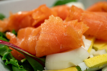 Wild Caught Smoked Salmon on a Bed of Red Leaf Lettuce and Spinach with Boiled Eggs and Cheddar Cheese 