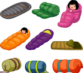 Sleeping bag icons set cartoon vector. Adventure roll blanket. Camp outdoor