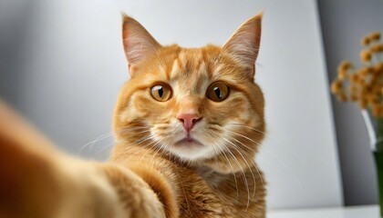 Fototapeta na wymiar portrait of tabby ginger cat makes selfie over white background adorable pet posing like he takes photos with smart phone cute domestic animal red cat photographs himself natural light wide angle