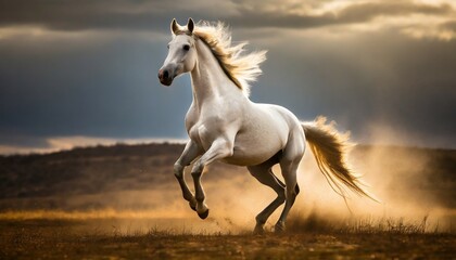 dramatic photo of a white horse rearing