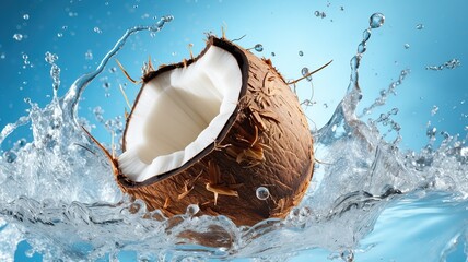 close up detailed view of half coconut splashing on the water with a light blue background AI generated - obrazy, fototapety, plakaty