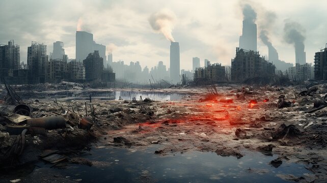 horizontal futuristic illustration of a destroyed city in a post nuclear war AI generated