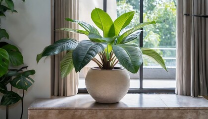a lush decorative pot plant standing at living room window