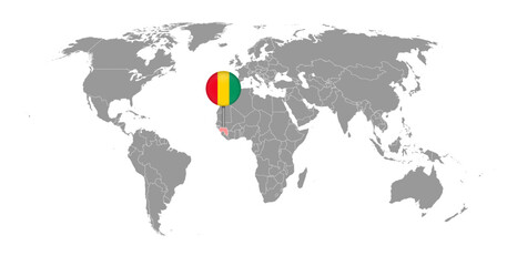Pin map with Guinea flag on world map. Vector illustration.