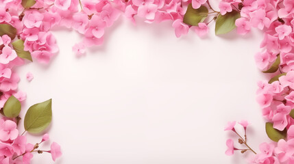 Pink frame banner with pink flowers and green leaves. Spring elements with copyright space