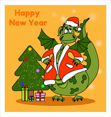 A cute dragon dressed as Santa Claus is celebrating the New Year; nearby there is a beautiful decorated Christmas tree and gifts under the tree.