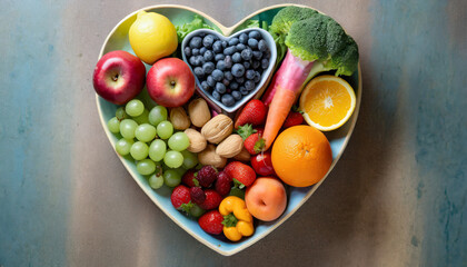 a heart shaped plate filled with a colorful assortment of fresh fruits and vegetables perfect for...