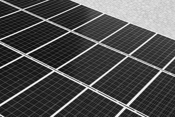 Solar panels in Italy. Black and white photo retro style.
