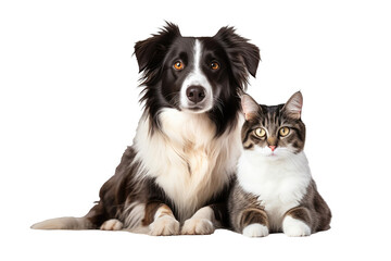 Fototapeta premium Portrait of a dog and a cat together looking at cam sitting on the floor on a cutout PNG transparent background