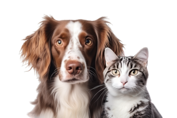 Close up portrait of a dog and a cat together looking at cam on a cut out PNG transparent background