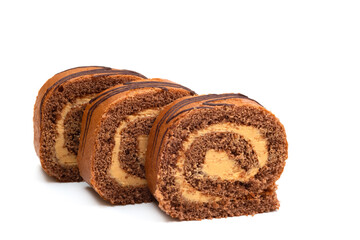 Sliced sponge roll with chocolate filling isolated on white background