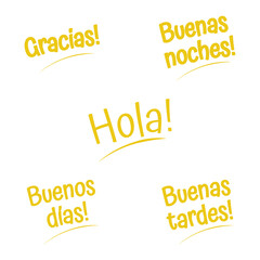 Hola, Gracias, Buenas noches, Buenas tardes, Buenos dlas. Spanish hello text. Hand drawn quote. Brush calligraphy phrase. Vector illustration for print on shirt, card, poster etc. Black and white.