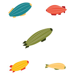 Hand drawn passenger airships set. Bright colored cigar shaped balloons retro zeppelin with stripes cabins for people elongated huge balloons with helium for free travel tourism