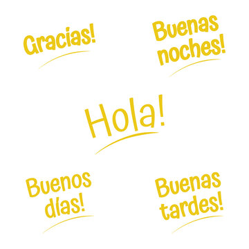 Hola, Gracias, Buenas noches, Buenas tardes, Buenos dlas. Spanish hello text. Hand drawn quote. Brush calligraphy phrase. Vector illustration for print on shirt, card, poster etc. Black and white.