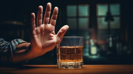 man refuses say no and avoid to drink an alcohol whiskey , stopping hand sign male, alcoholism treatment, alcohol addiction, quit booze, Stop Drinking Alcohol. Refuse Glass liquor, unhealthy, reject - obrazy, fototapety, plakaty