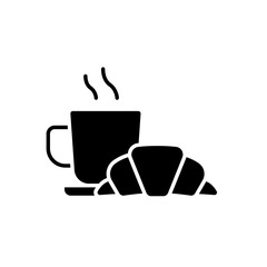 Coffee and croissant icon. Simple solid style. Bread, pastry, crescent, food and drink concept. Black silhouette, glyph symbol. Vector illustration isolated.