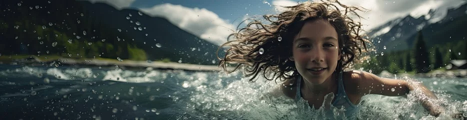 Foto op Canvas Girl swimming in water in the mountain lake. © Photo And Art Panda