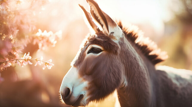 Portrait of a donkey with blurred abstract bokeh flare grass background