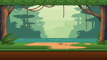 Pixel art seamless landscape with tropical forest, lake and hanging liana vines. 8-bit retro video game style jungle background. - obrazy, fototapety, plakaty