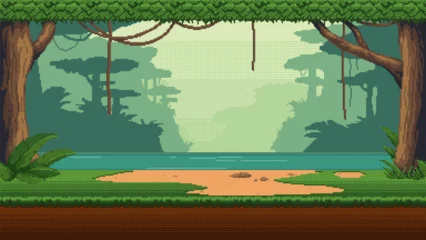 Foto op Canvas Pixel art seamless landscape with tropical forest, lake and hanging liana vines. 8-bit retro video game style jungle background. © ad_stock
