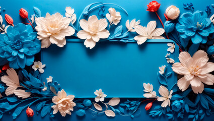 Beautiful blue gift card background with flowers and floral pattern. Generated by AI