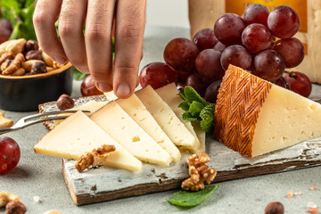 antipasti cheese platter on a light background top view. copy space