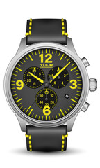 Realistic watch clock silver dark grey steel face yellow arrow number with leather strap on white design classic luxury vector
