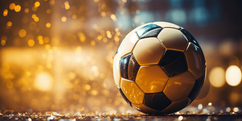 Fototapeta premium The soccer ball nestled in the goal's netting, with rays of light highlighting its pattern