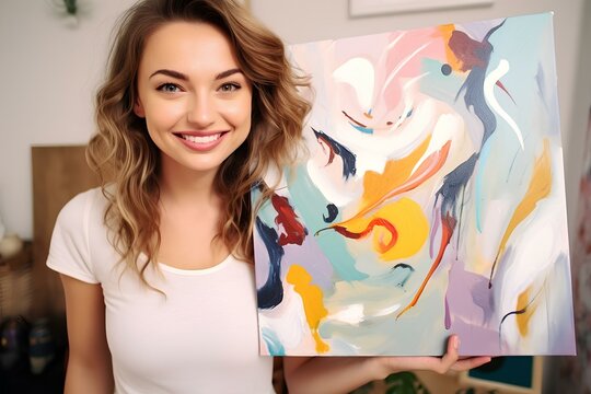 A girl artist shows her abstract painting.