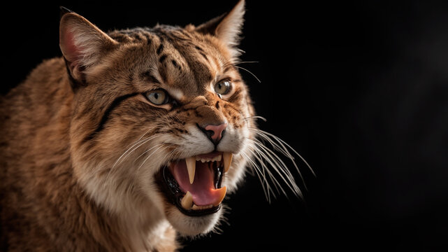 Big cat in an aggressive and threatening attitude, on a black background. AI generated